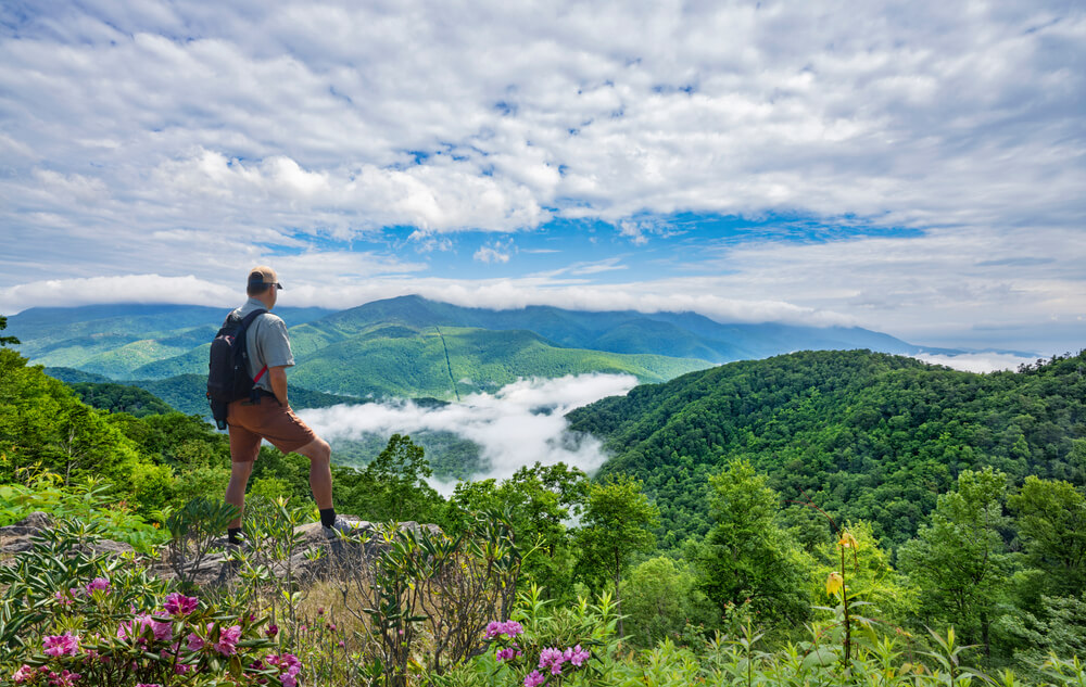 A man hiking in the North Carolina mountains during the summer