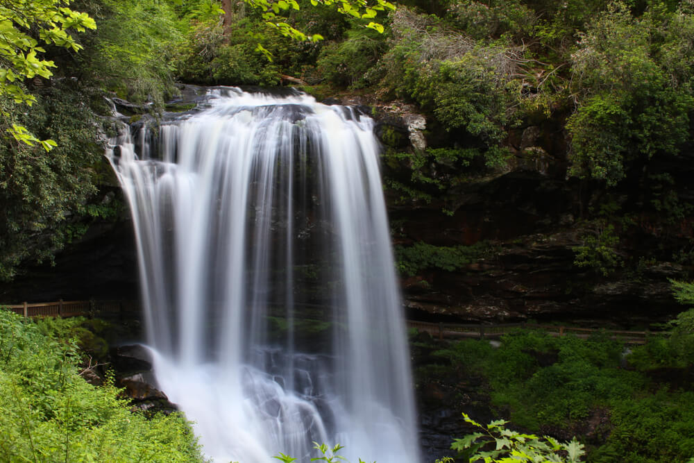View of Cashiers NC waterfalls from hiking trail